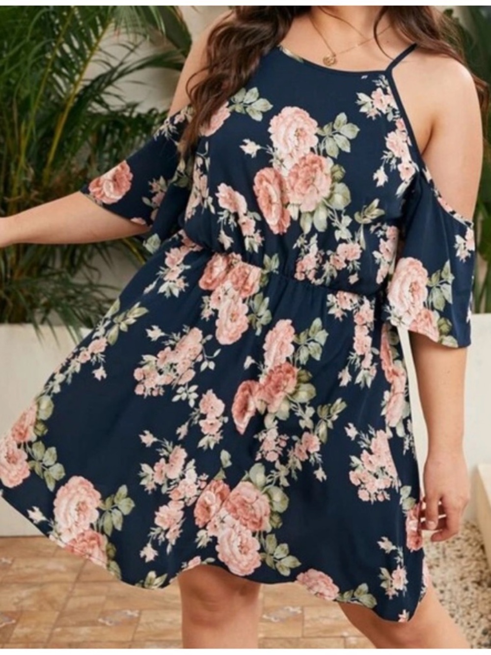 SHEIN curve Floral Cold-Shoulder Navy Dress with Pink Rose Print